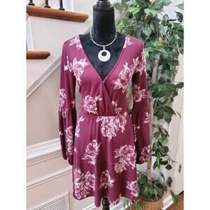 Altar'd State Womens Floral Polyester V-Neck Long Sleeve Knee Length Dress Small